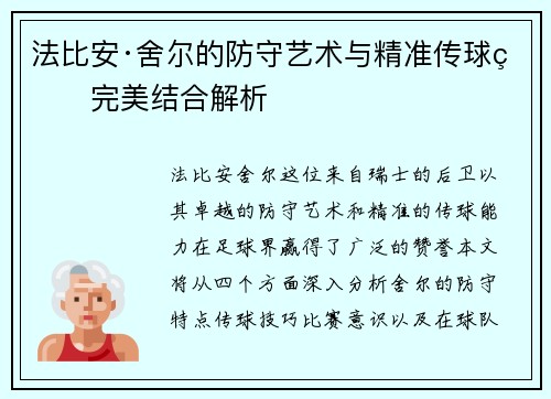 法比安·舍尔的防守艺术与精准传球的完美结合解析